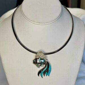 Vintage Sterling Silver Turquoise Koi Fish Pendant Brooch with Sterling Collar N